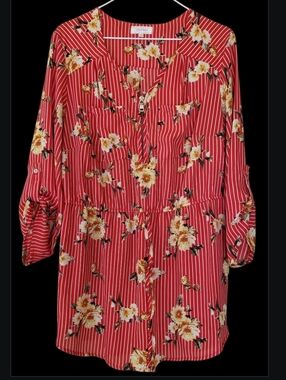 Stella Tweed Red Striped Floral Top Size 1X